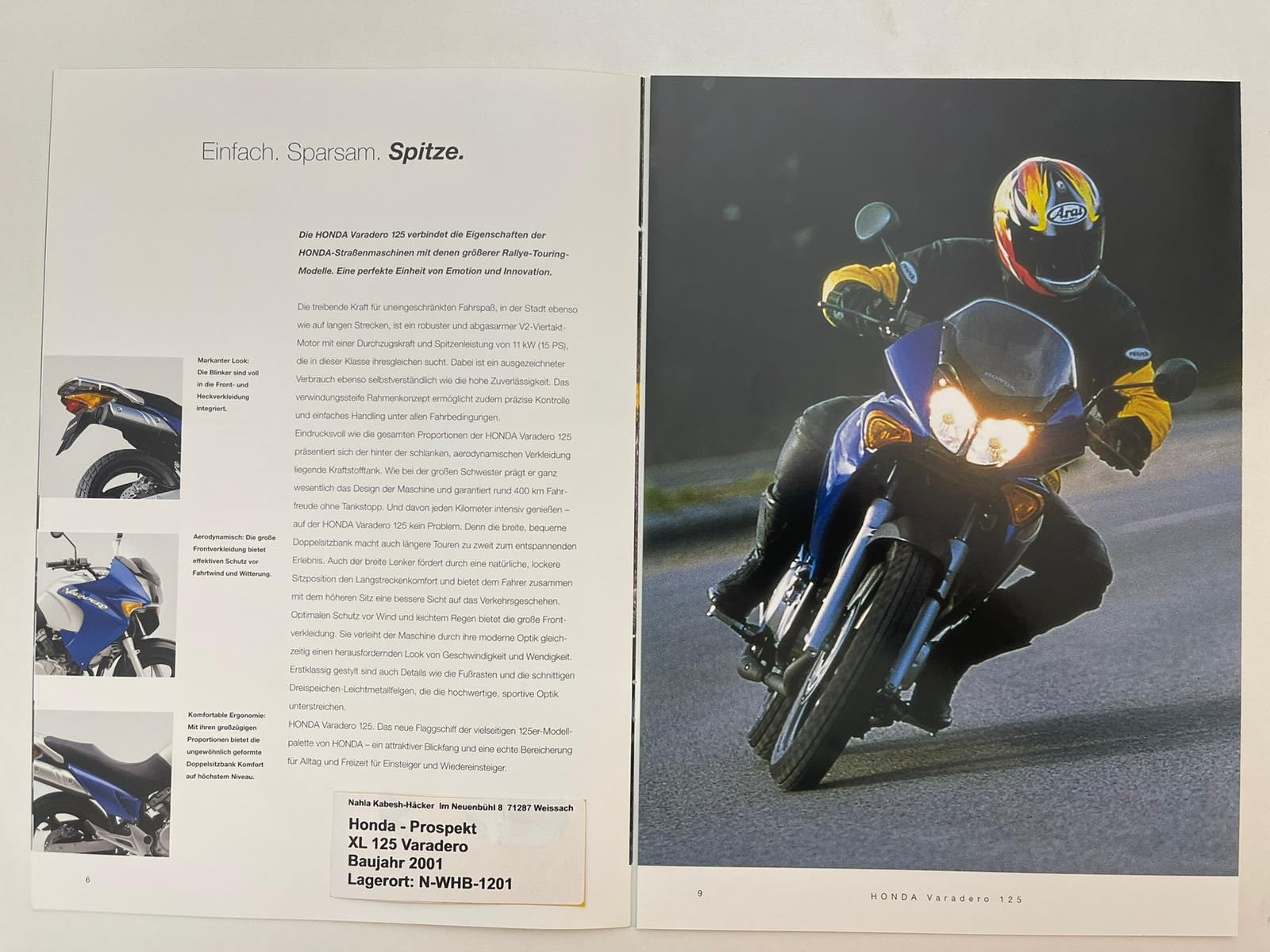 Prospekt Honda XL125V Varadero Bj. 2001 + Aufkleber