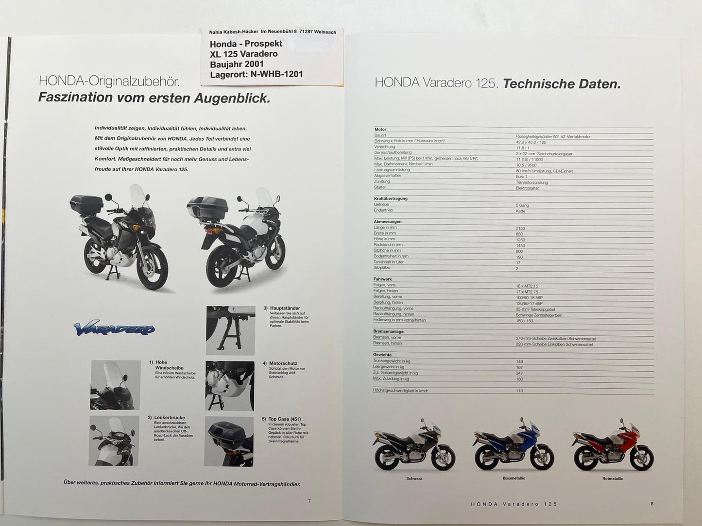 Prospekt Honda XL125V Varadero Bj. 2001 + Aufkleber
