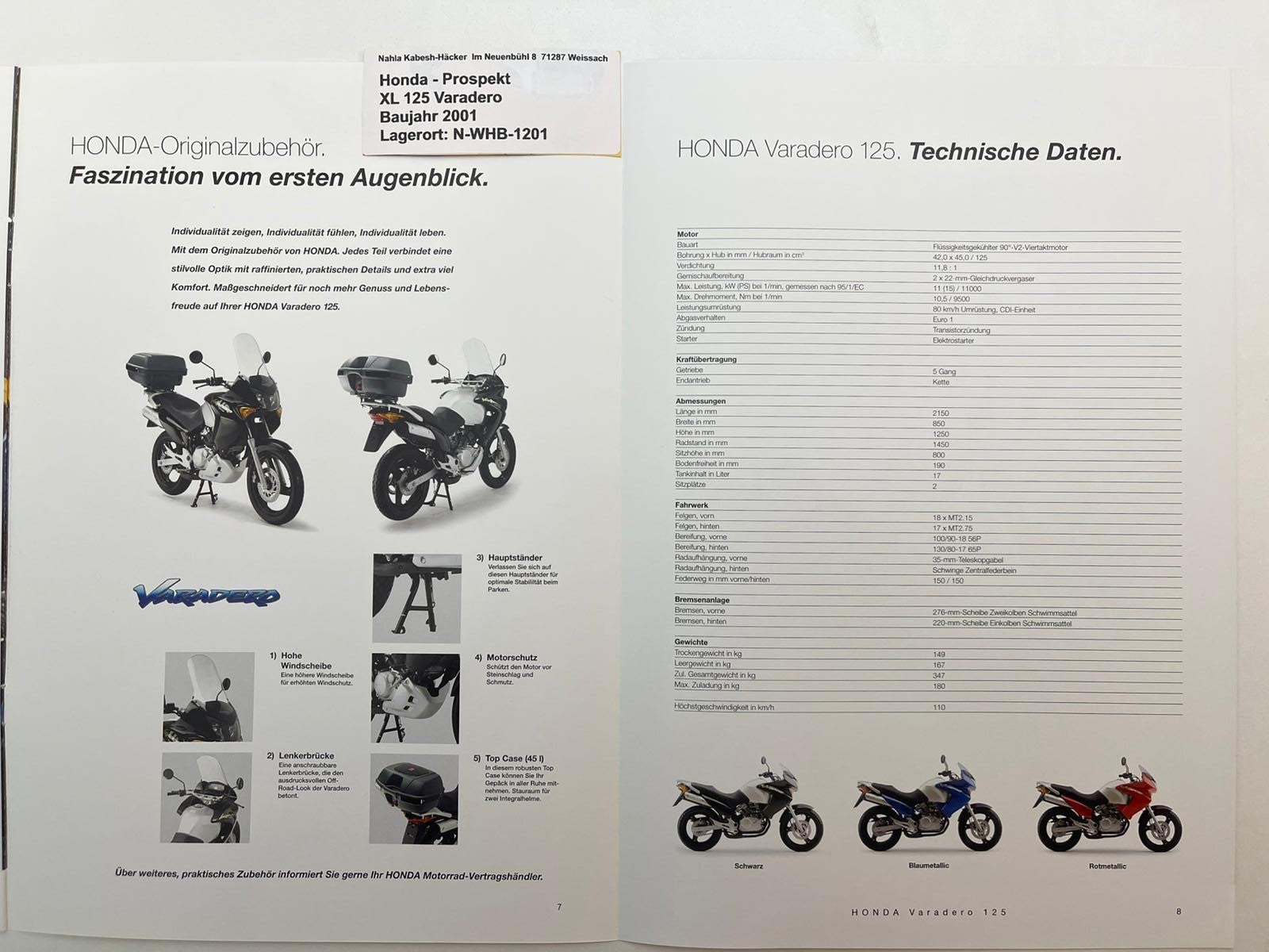 Prospekt Honda XL125V Varadero Bj. 2001 + Aufkleber
