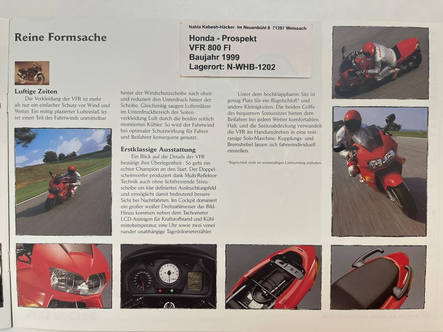 Prospekt Honda VFR800FI VFR 800 FI Bj. 1999 + Aufkleber