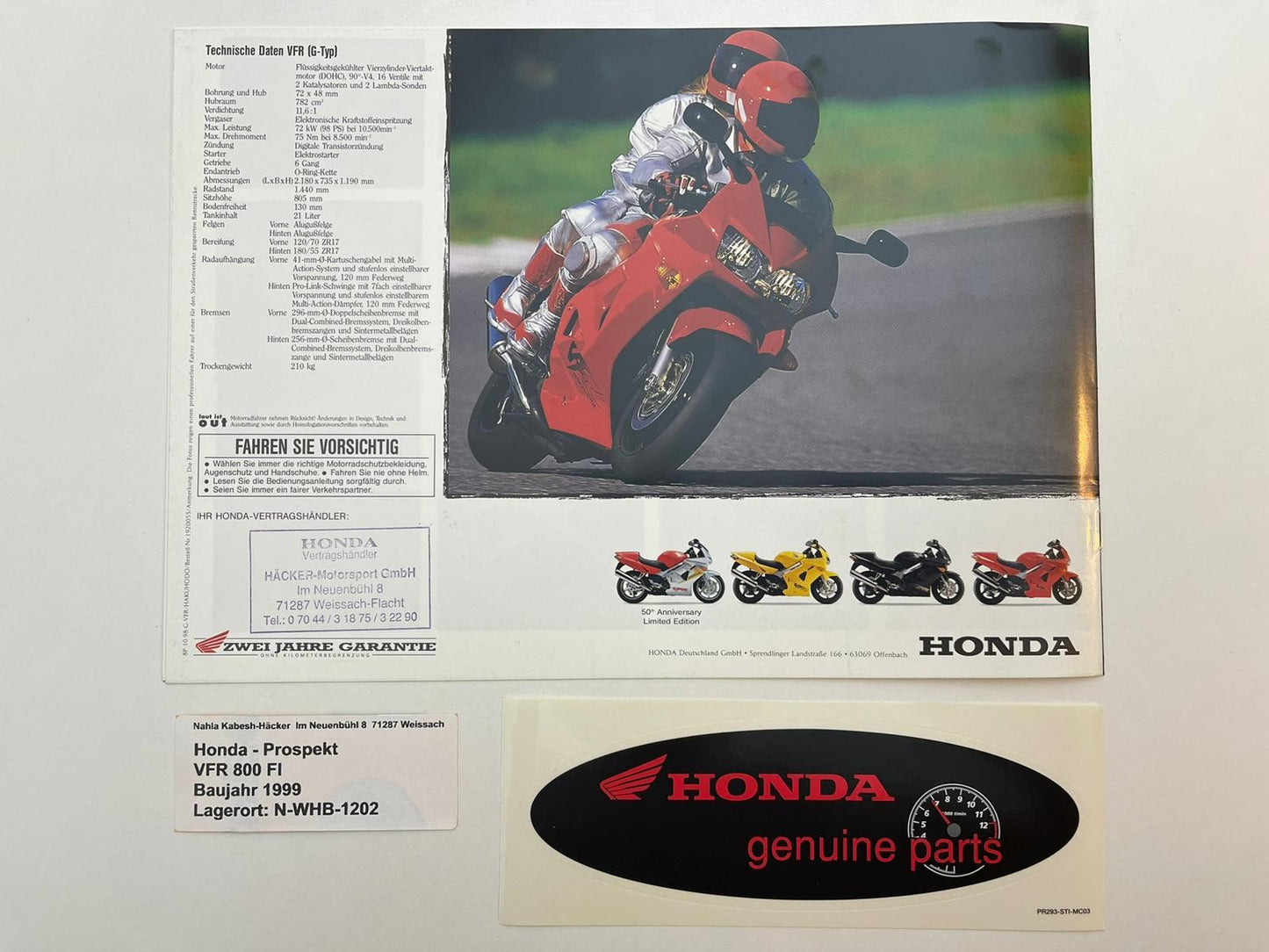 Prospekt Honda VFR800FI VFR 800 FI Bj. 1999 + Aufkleber