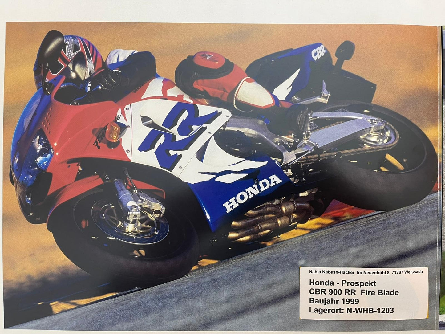 Prospekt Honda CBR 900 RR Fire Blade Bj. 1999 + Aufkleber