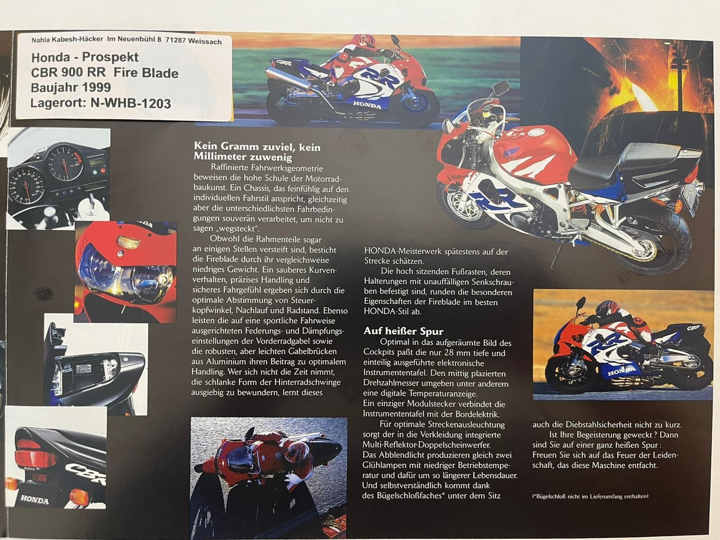 Prospekt Honda CBR 900 RR Fire Blade Bj. 1999 + Aufkleber