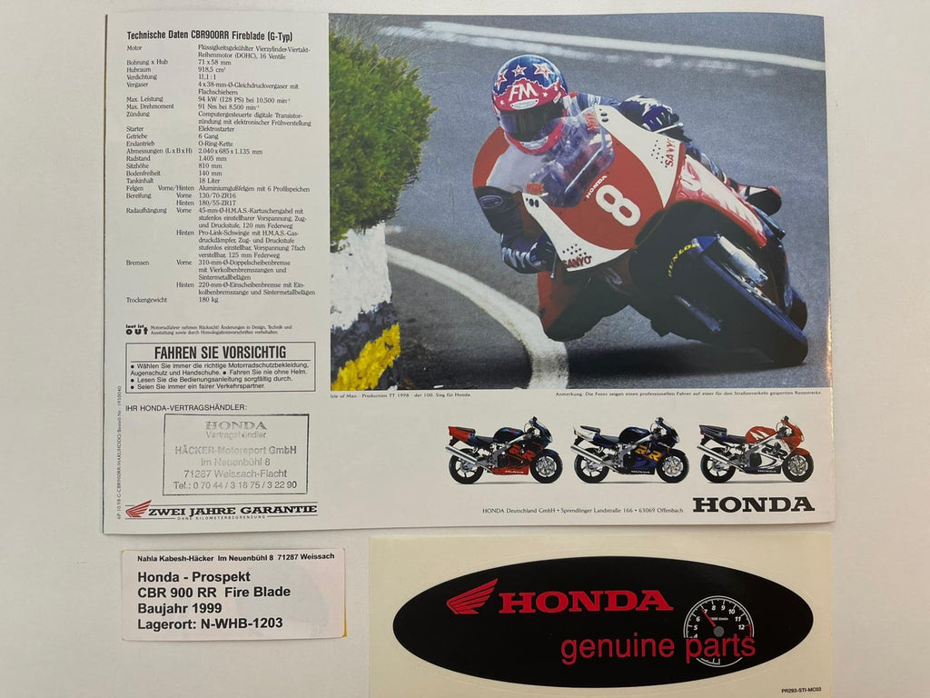 Prospekt Honda CBR 900 RR Fire Blade Bj. 1999 + Aufkleber