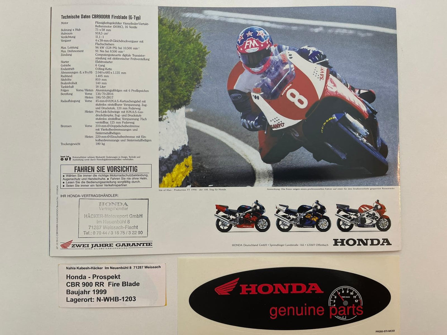 Prospekt Honda CBR 900 RR Fire Blade Bj. 1999 + Aufkleber