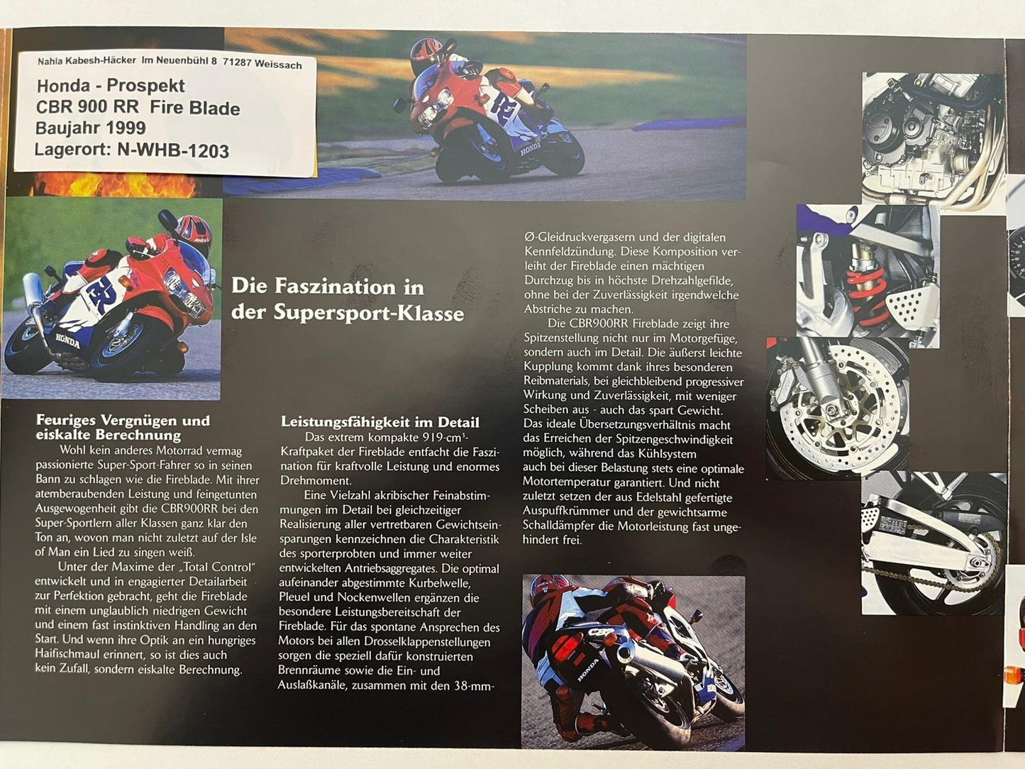 Prospekt Honda CBR 900 RR Fire Blade Bj. 1999 + Aufkleber