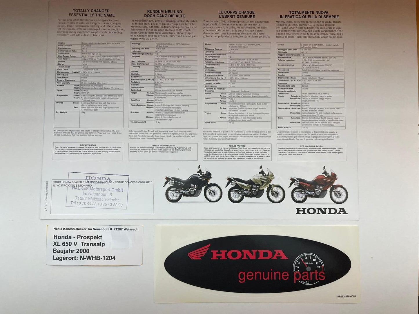 Prospekt Honda XL650V Transalp Bj. 2000 + Aufkleber