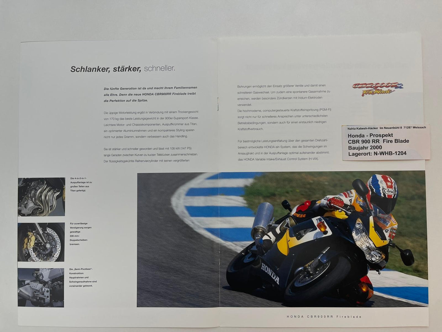 Prospekt Honda CBR900RR Fire Blade Bj. 2000 + Aufkleber