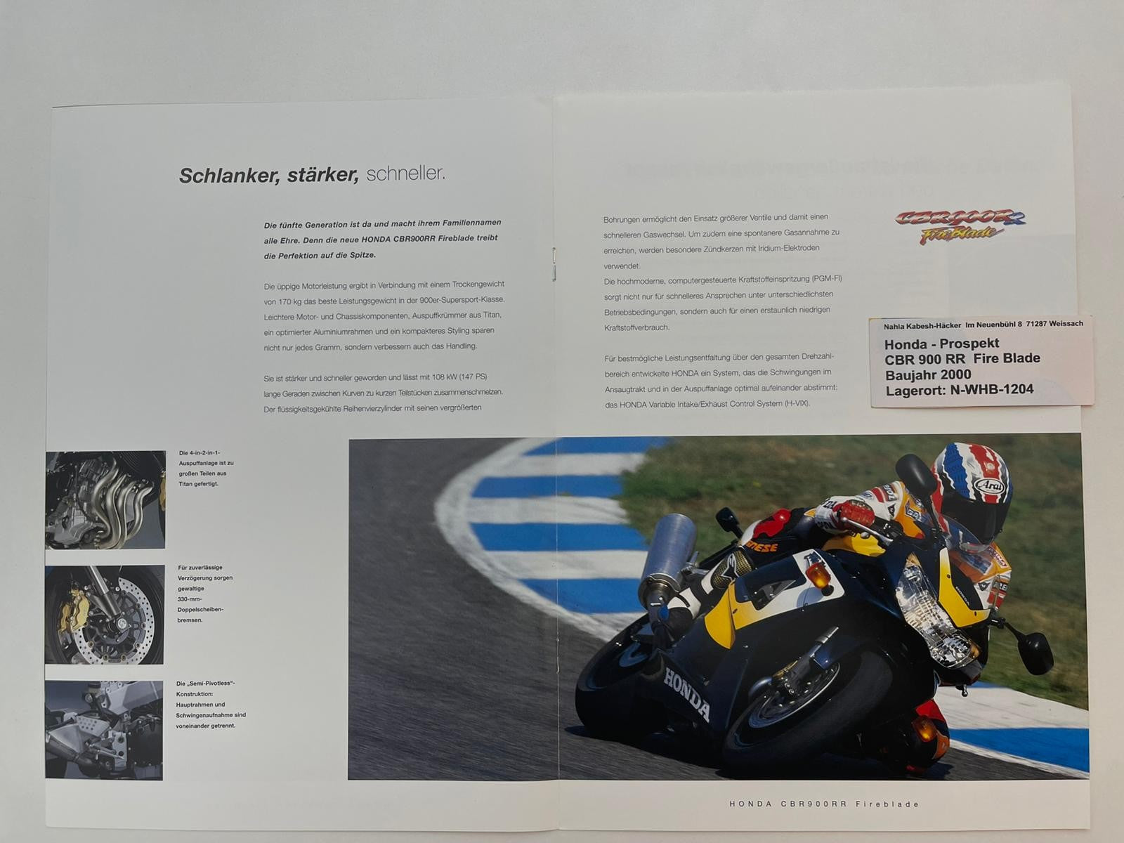 Prospekt Honda CBR900RR Fire Blade Bj. 2000 + Aufkleber