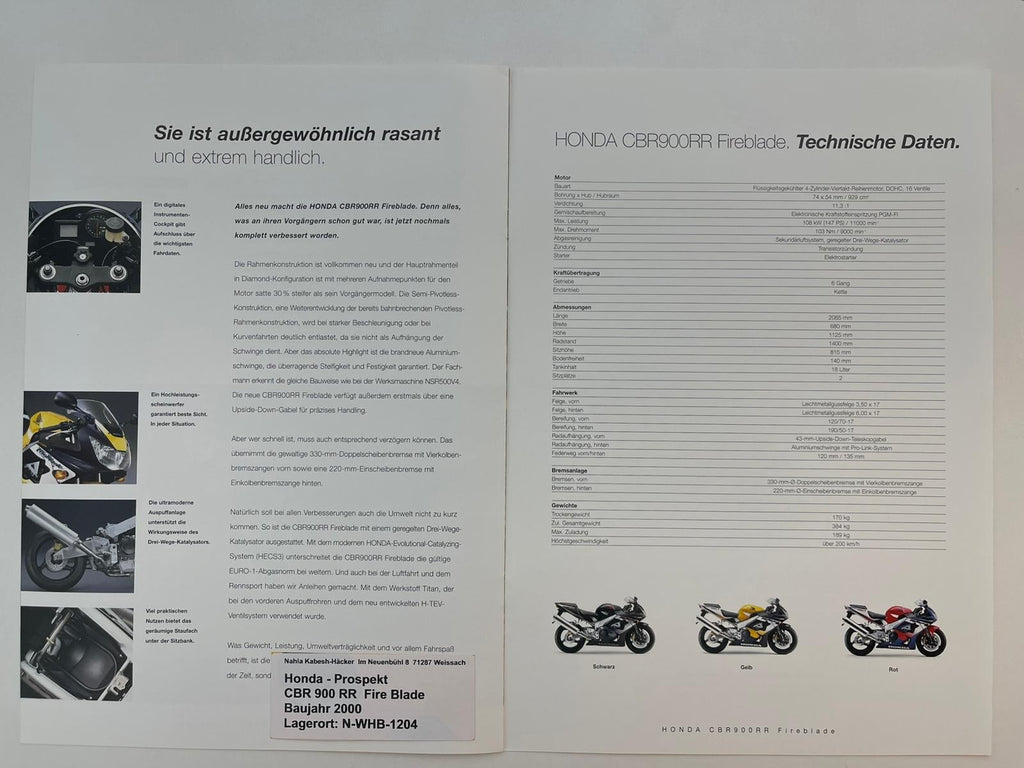 Prospekt Honda CBR900RR Fire Blade Bj. 2000 + Aufkleber