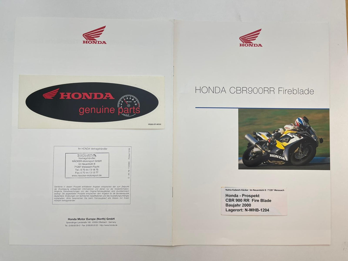 Prospekt Honda CBR900RR Fire Blade Bj. 2000 + Aufkleber