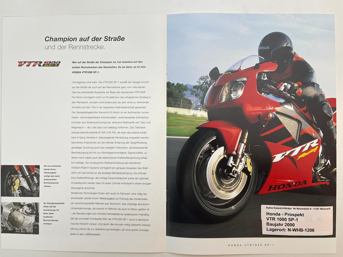 Prospekt Honda VTR1000 SP1 Bj. 2000 + Aufkleber