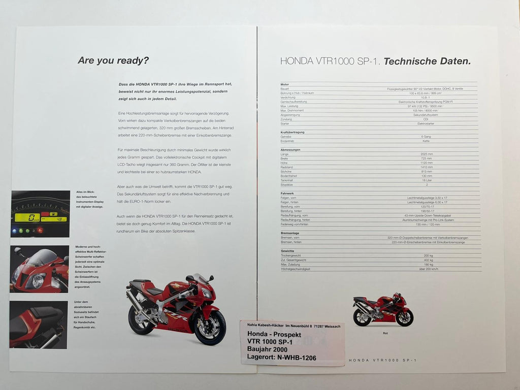 Prospekt Honda VTR1000 SP1 Bj. 2000 + Aufkleber
