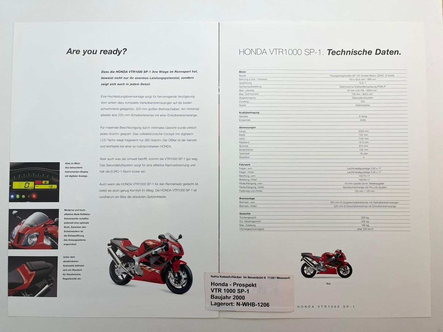 Prospekt Honda VTR1000 SP1 Bj. 2000 + Aufkleber
