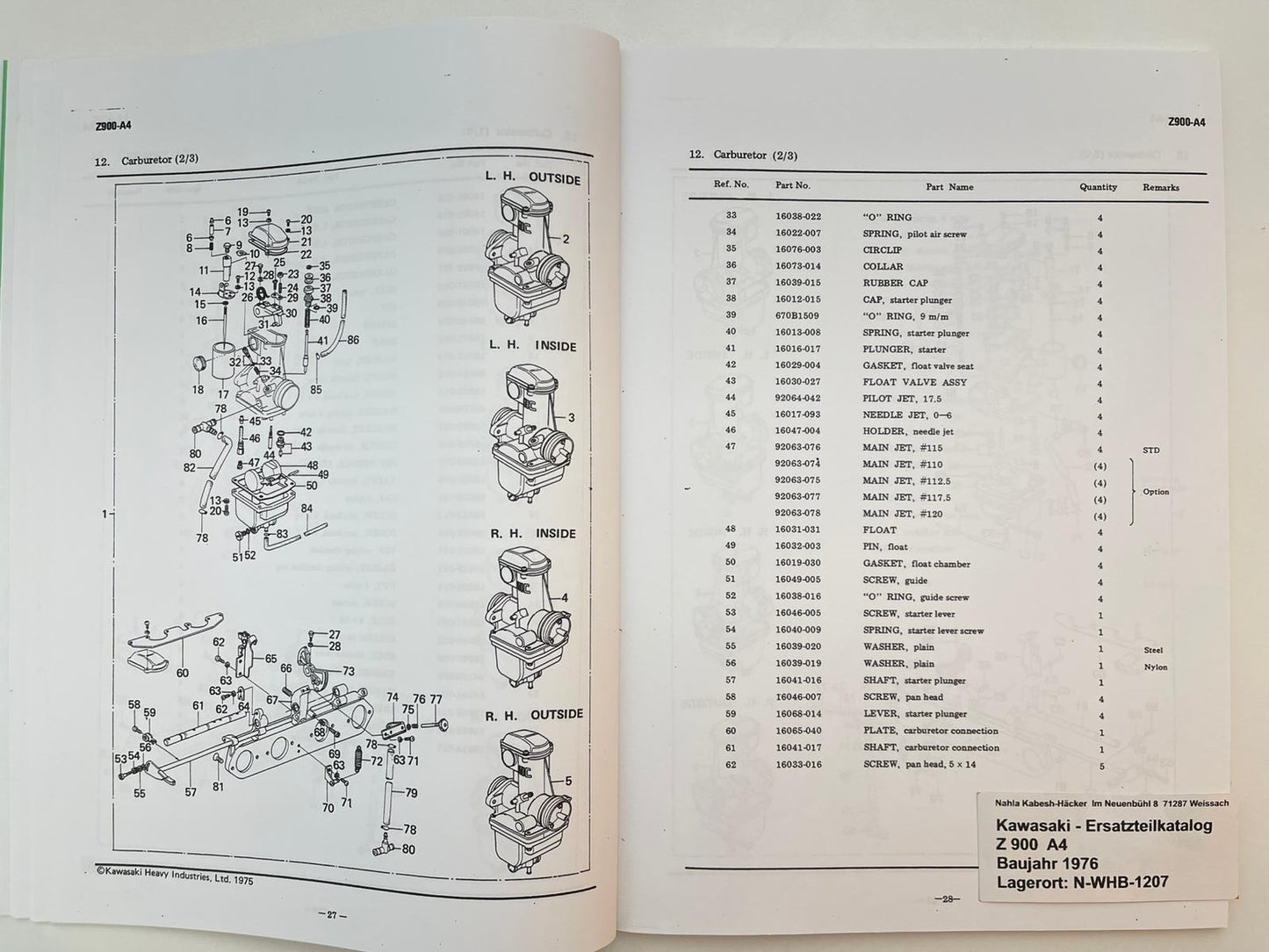 Ersatzteilkatalog Z900 Z 900 Z1F A4 Bj. 1976 Kawasaki