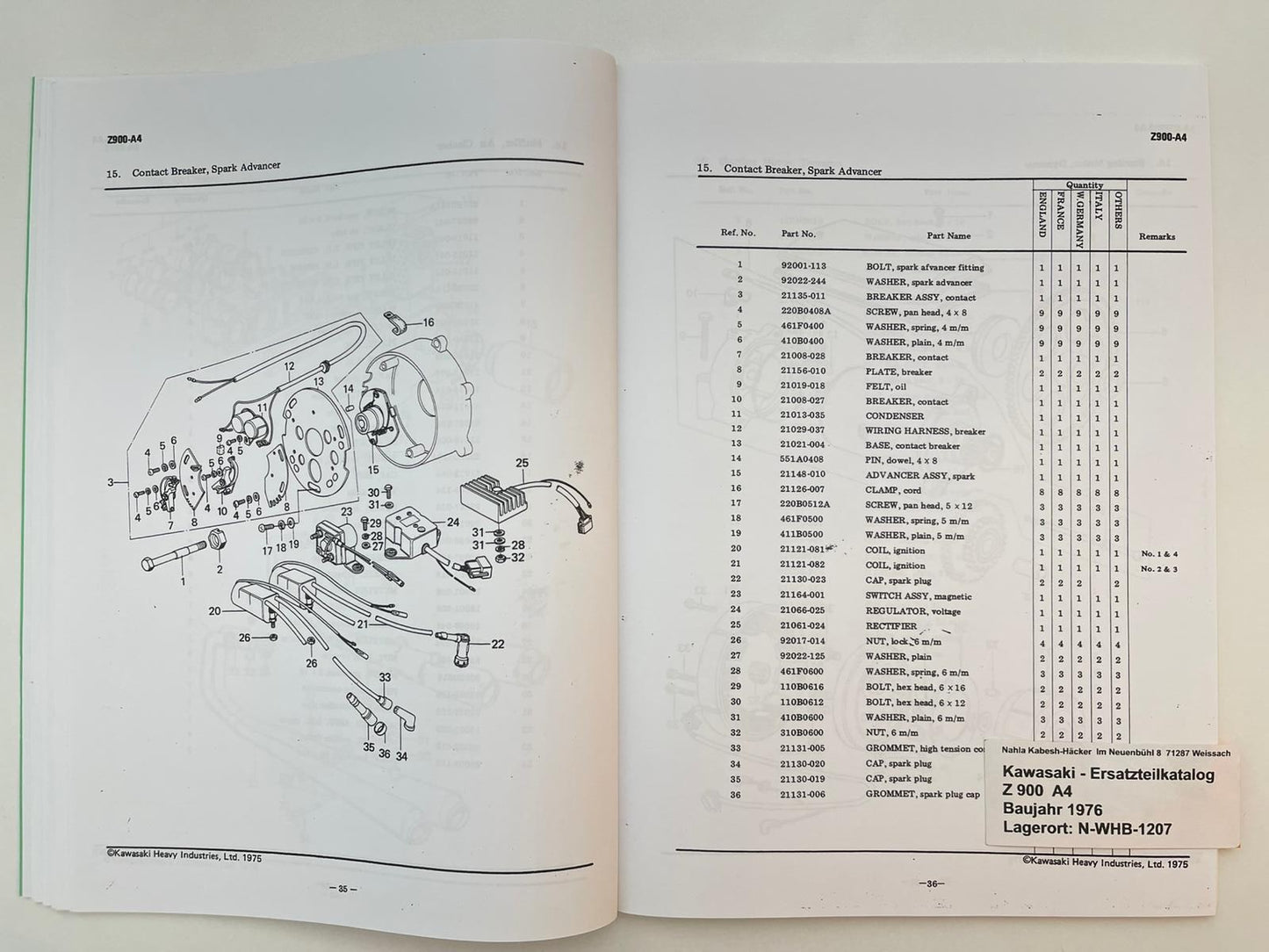 Ersatzteilkatalog Z900 Z 900 Z1F A4 Bj. 1976 Kawasaki