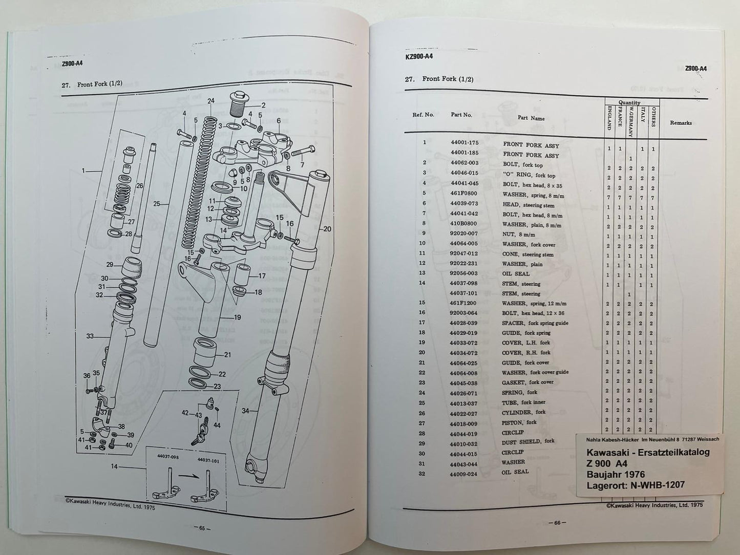 Ersatzteilkatalog Z900 Z 900 Z1F A4 Bj. 1976 Kawasaki