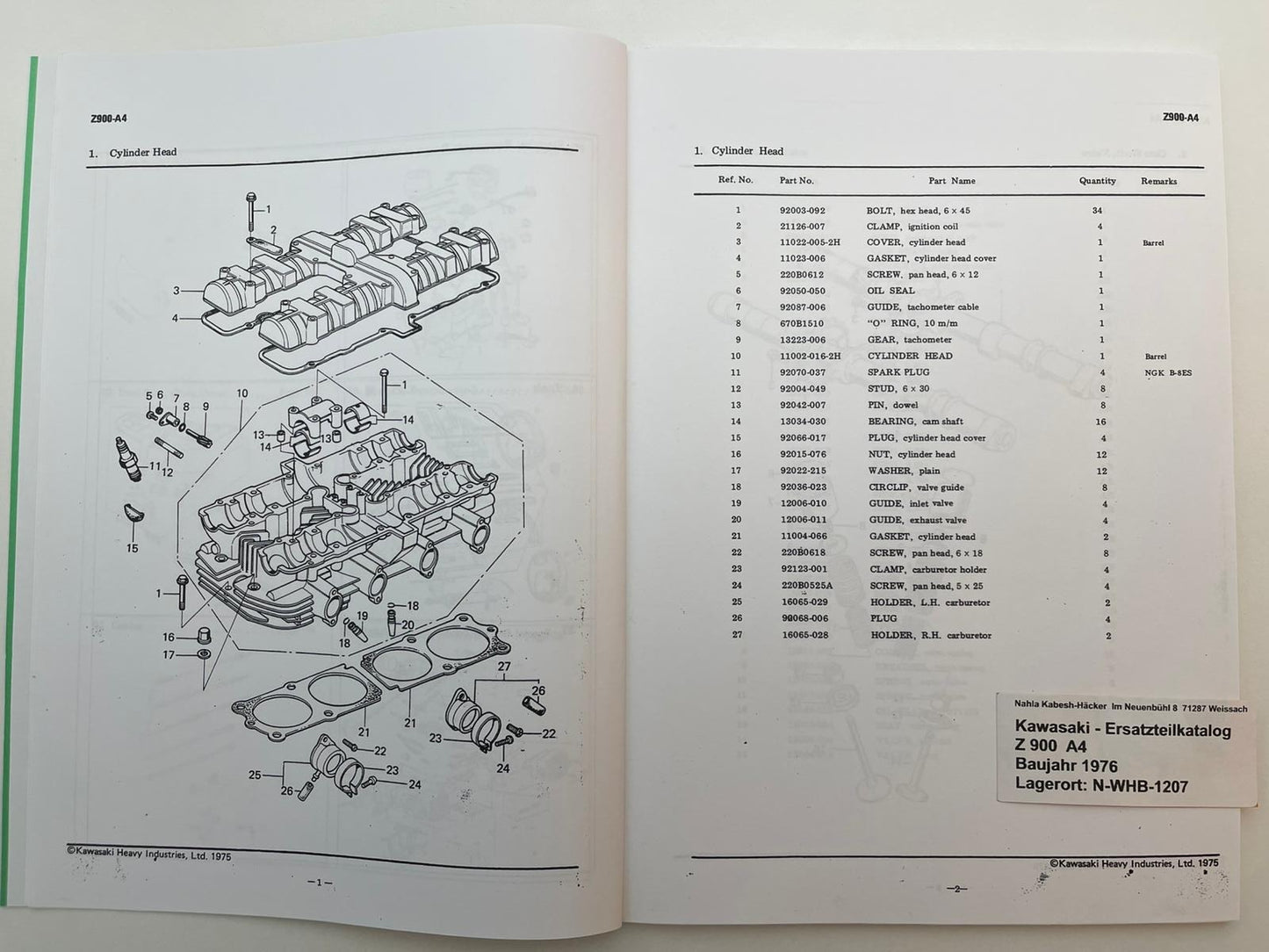 Ersatzteilkatalog Z900 Z 900 Z1F A4 Bj. 1976 Kawasaki