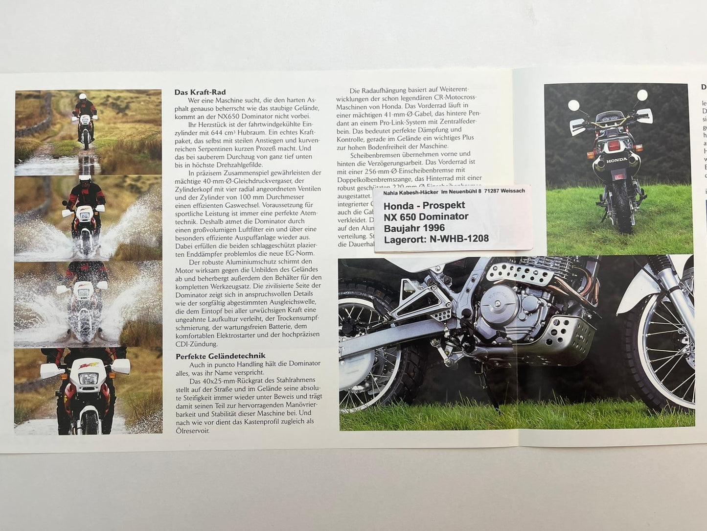 Prospekt Honda NX650 Dominator Bj. 1996 + Aufkleber