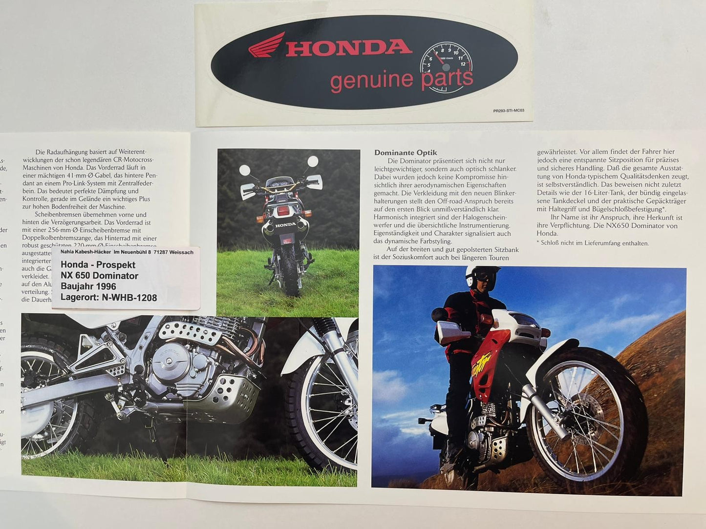 Prospekt Honda NX650 Dominator Bj. 1996 + Aufkleber