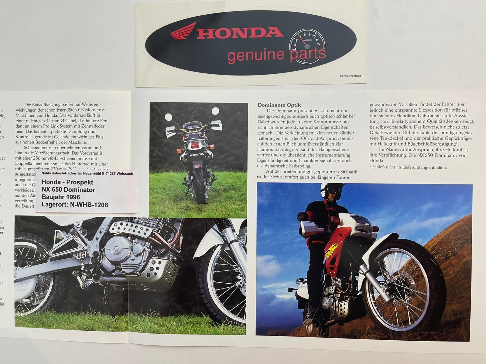 Prospekt Honda NX650 Dominator Bj. 1996 + Aufkleber
