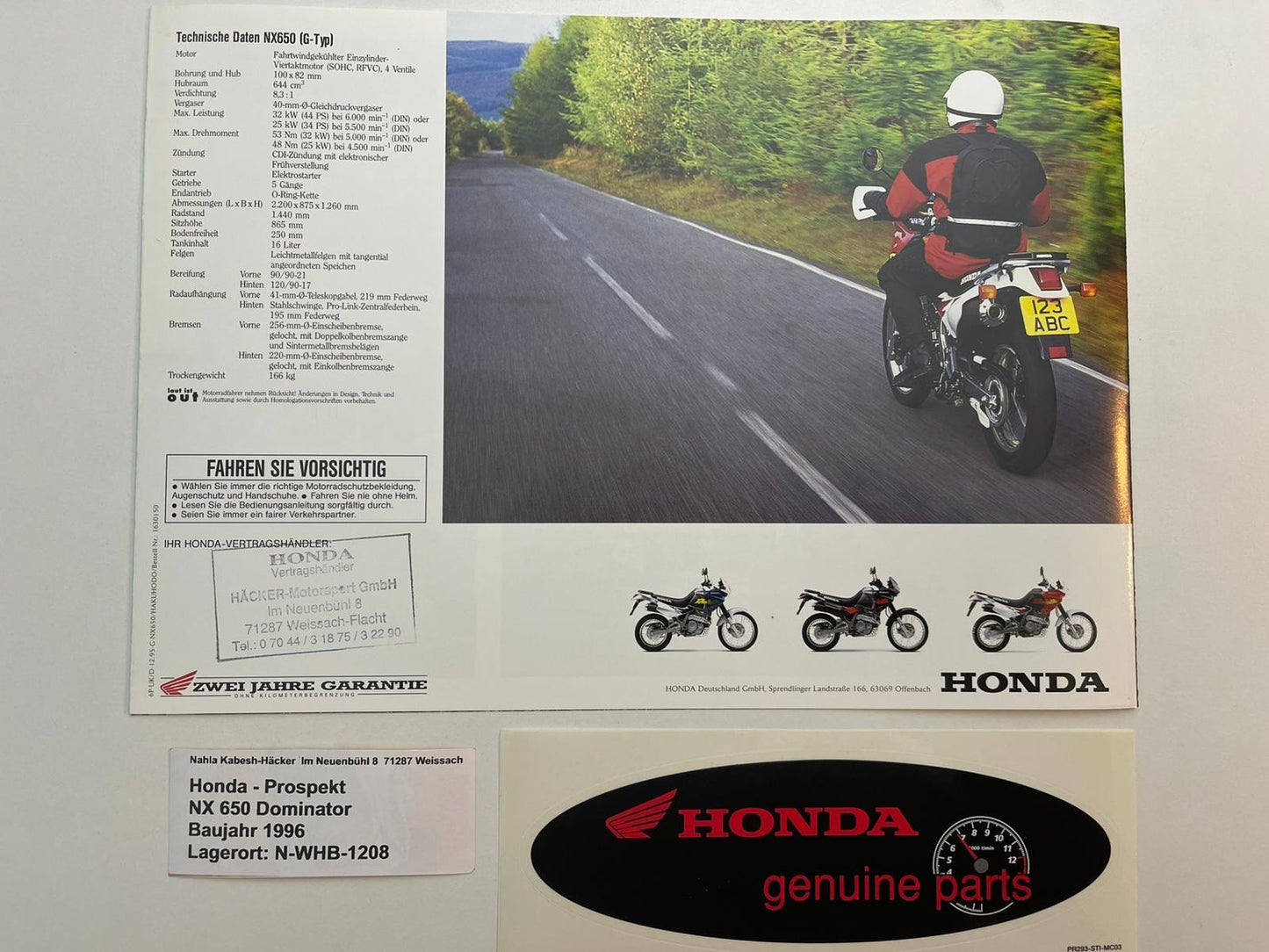 Prospekt Honda NX650 Dominator Bj. 1996 + Aufkleber