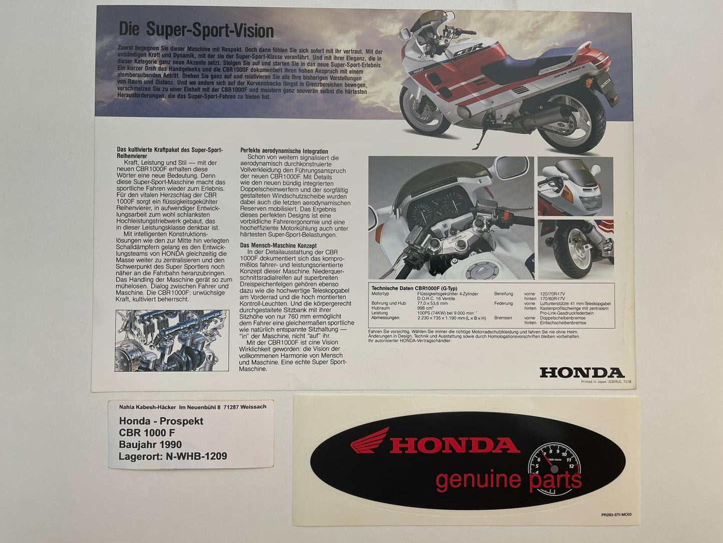 Prospekt Honda CBR1000F Bj. 1990 + Aufkleber