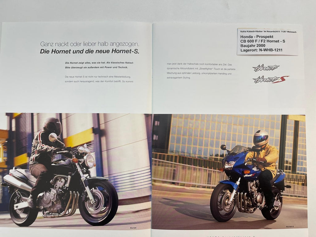 Prospekt Honda CB600F CB600F2 Hornet-S Bj. 2000 + Aufkleber