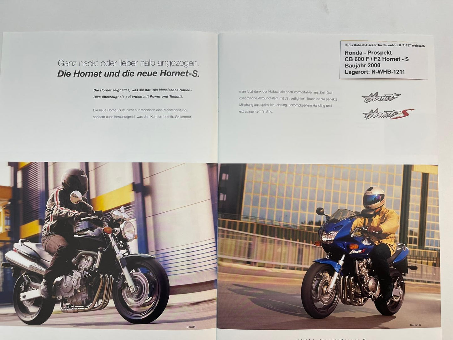 Prospekt Honda CB600F CB600F2 Hornet-S Bj. 2000 + Aufkleber