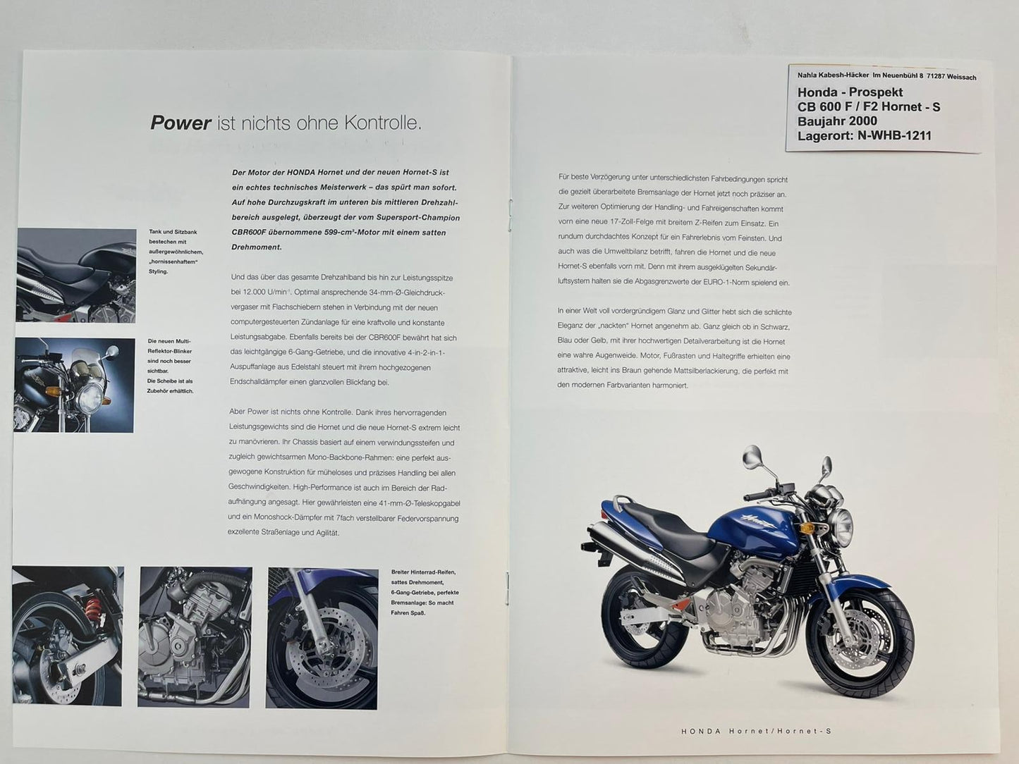 Prospekt Honda CB600F CB600F2 Hornet-S Bj. 2000 + Aufkleber