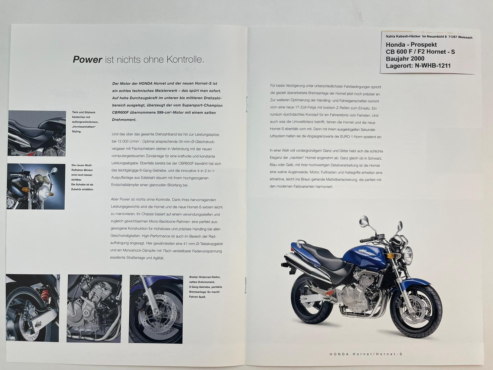 Prospekt Honda CB600F CB600F2 Hornet-S Bj. 2000 + Aufkleber
