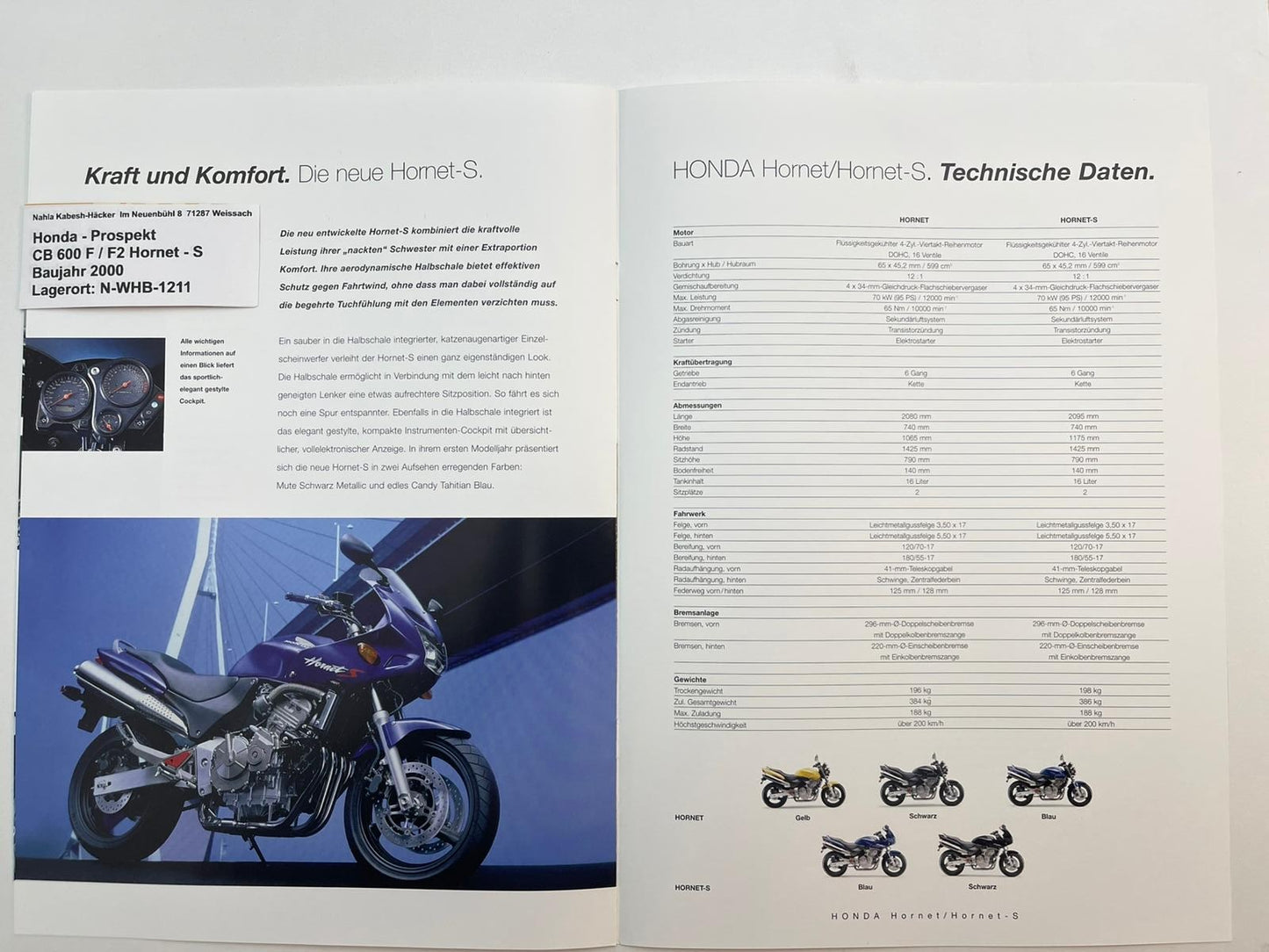 Prospekt Honda CB600F CB600F2 Hornet-S Bj. 2000 + Aufkleber