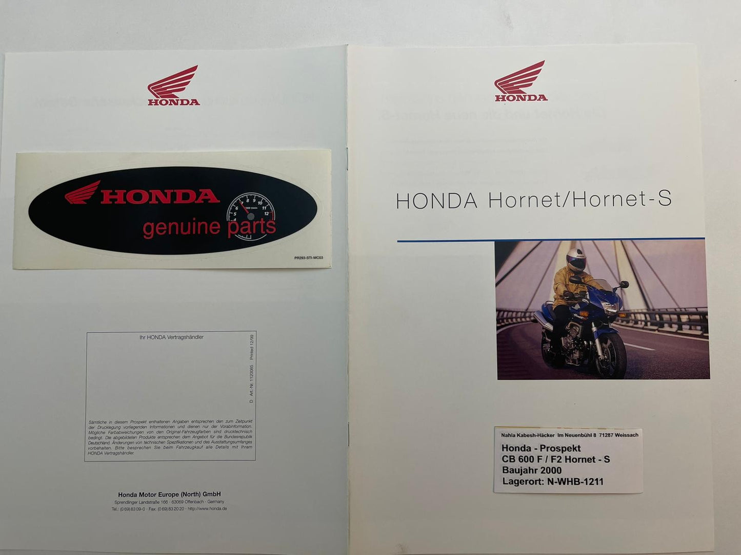 Prospekt Honda CB600F CB600F2 Hornet-S Bj. 2000 + Aufkleber