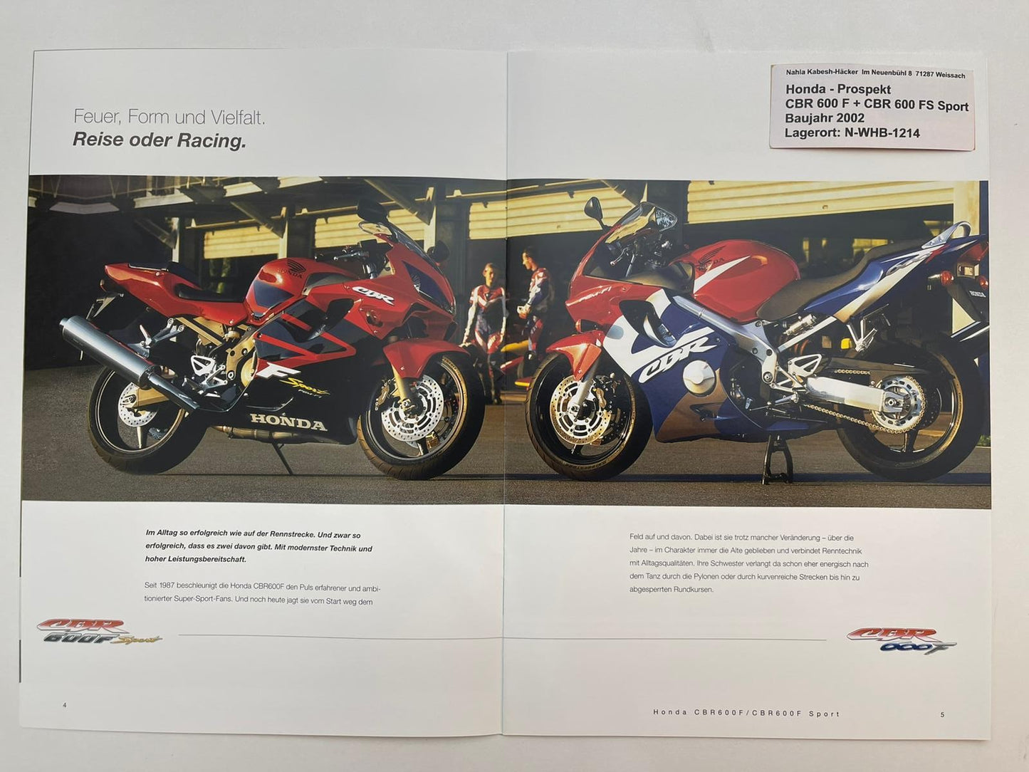 Prospekt Honda CBR600F CBR 600 F Sport Bj. 2002 + Aufkleber