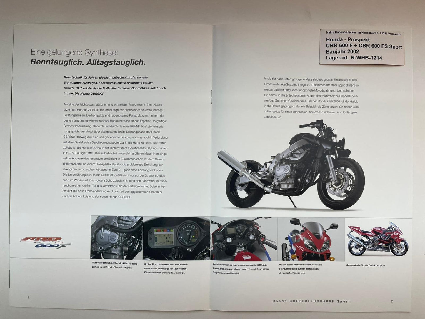 Prospekt Honda CBR600F CBR 600 F Sport Bj. 2002 + Aufkleber