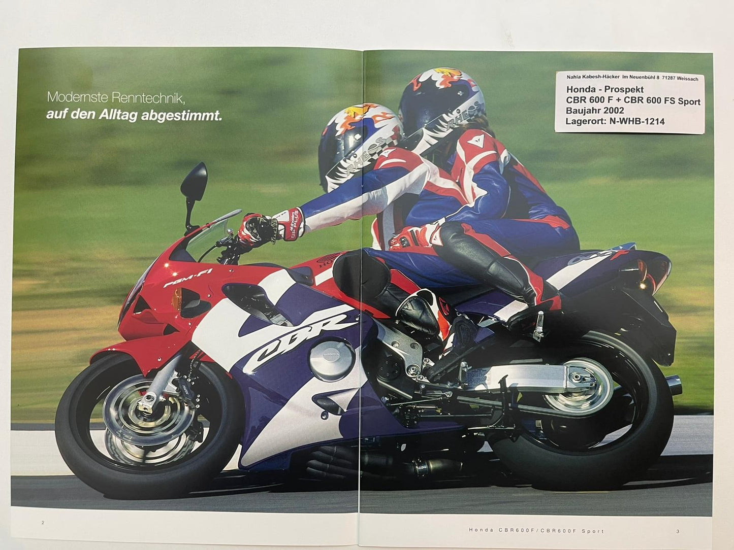 Prospekt Honda CBR600F CBR 600 F Sport Bj. 2002 + Aufkleber