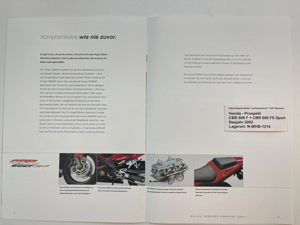 Prospekt Honda CBR600F CBR 600 F Bj. 2000 + Aufkleber