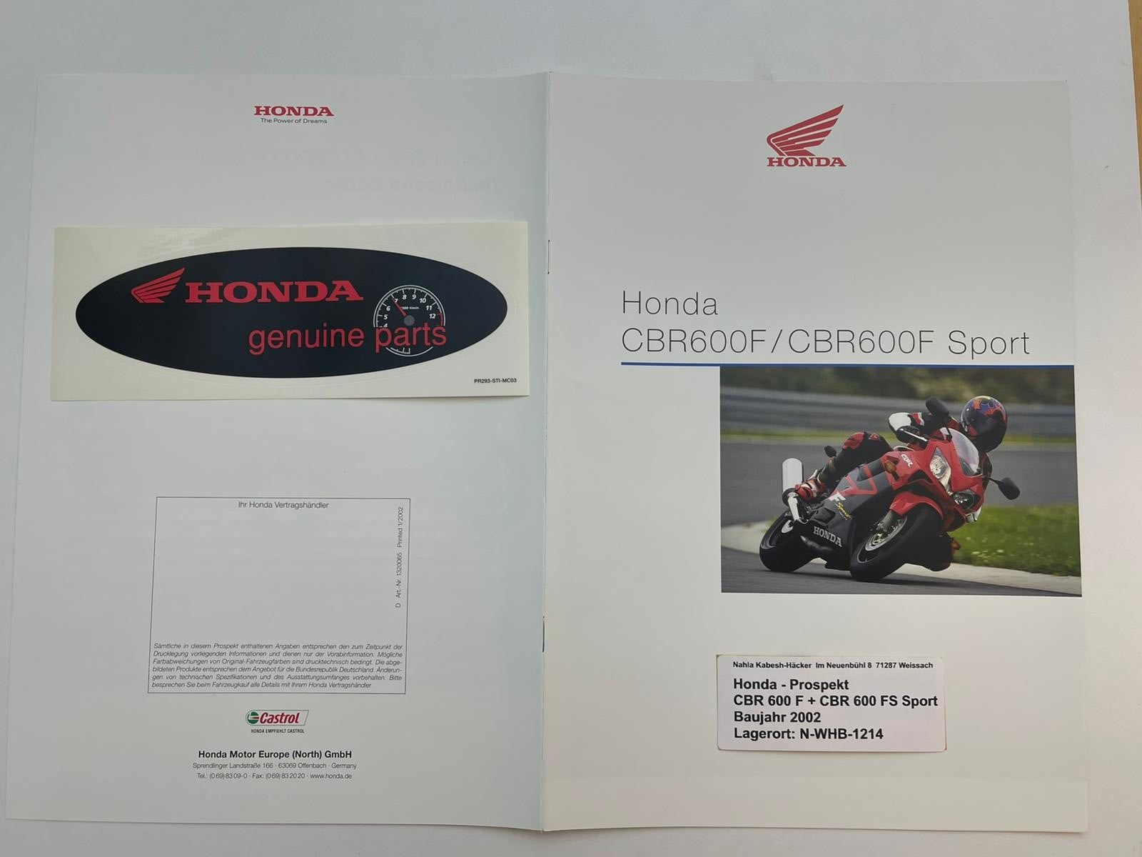 Prospekt Honda CBR600F CBR 600 F Sport Bj. 2002 + Aufkleber
