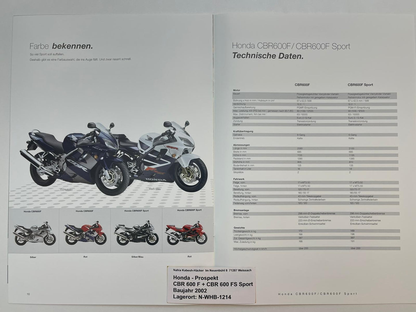 Prospekt Honda CBR600F CBR 600 F Sport Bj. 2002 + Aufkleber