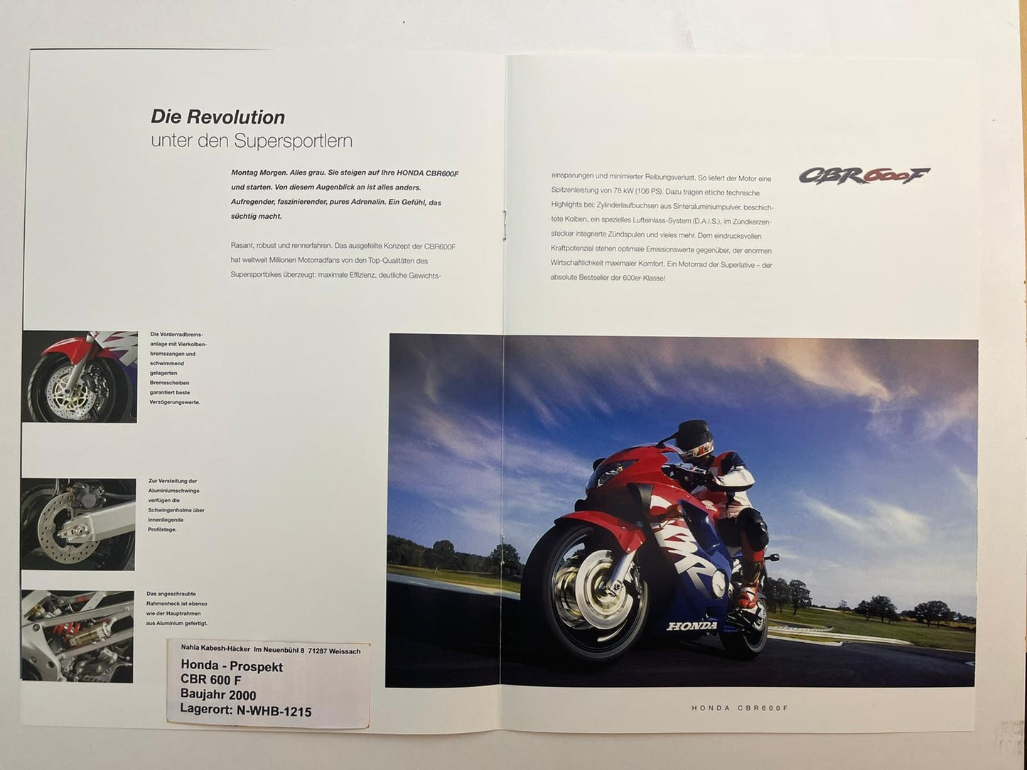 Prospekt Honda CBR600F CBR 600 F Bj. 2000 + Aufkleber