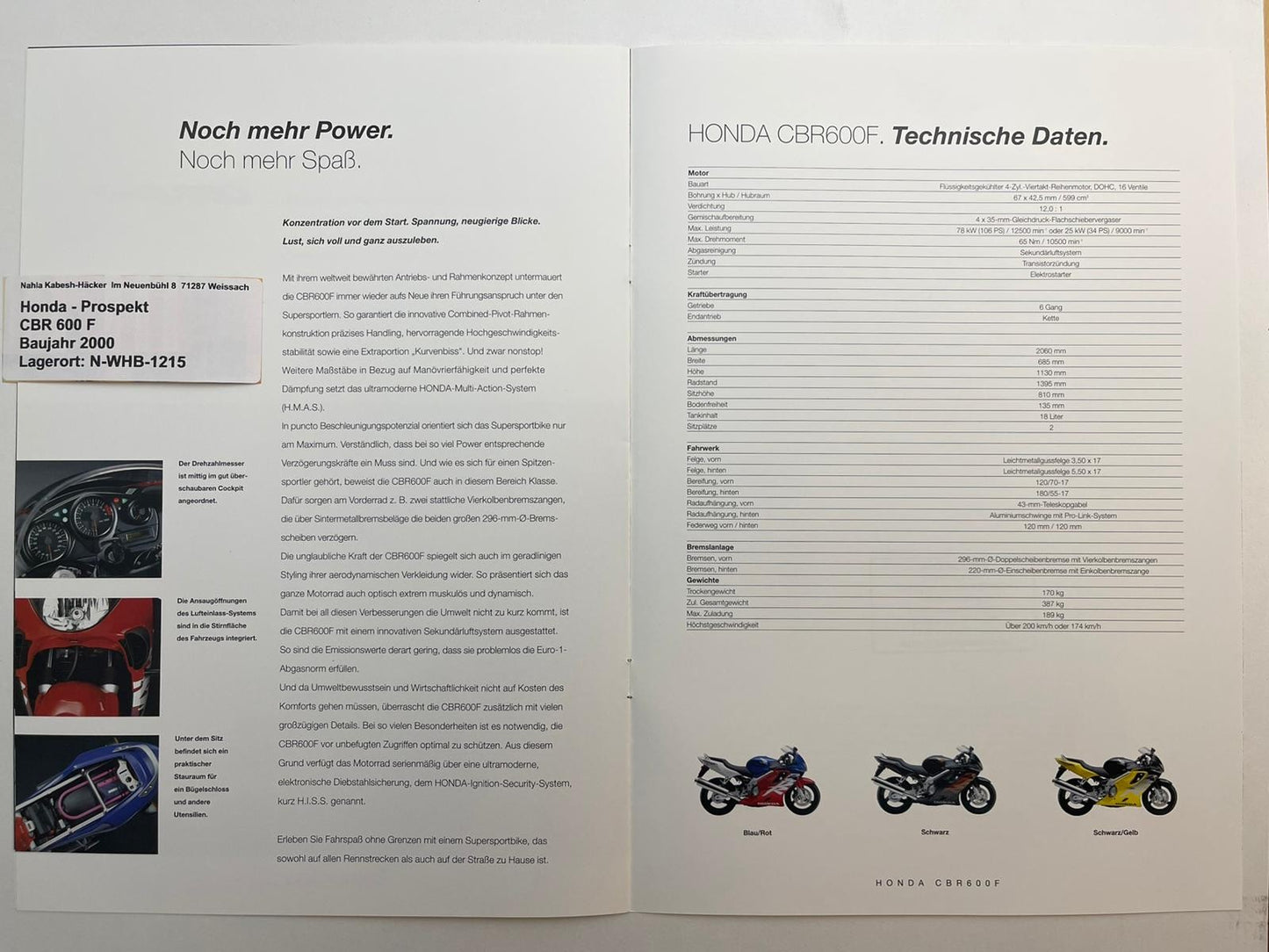 Prospekt Honda CBR600F CBR 600 F Bj. 2000 + Aufkleber