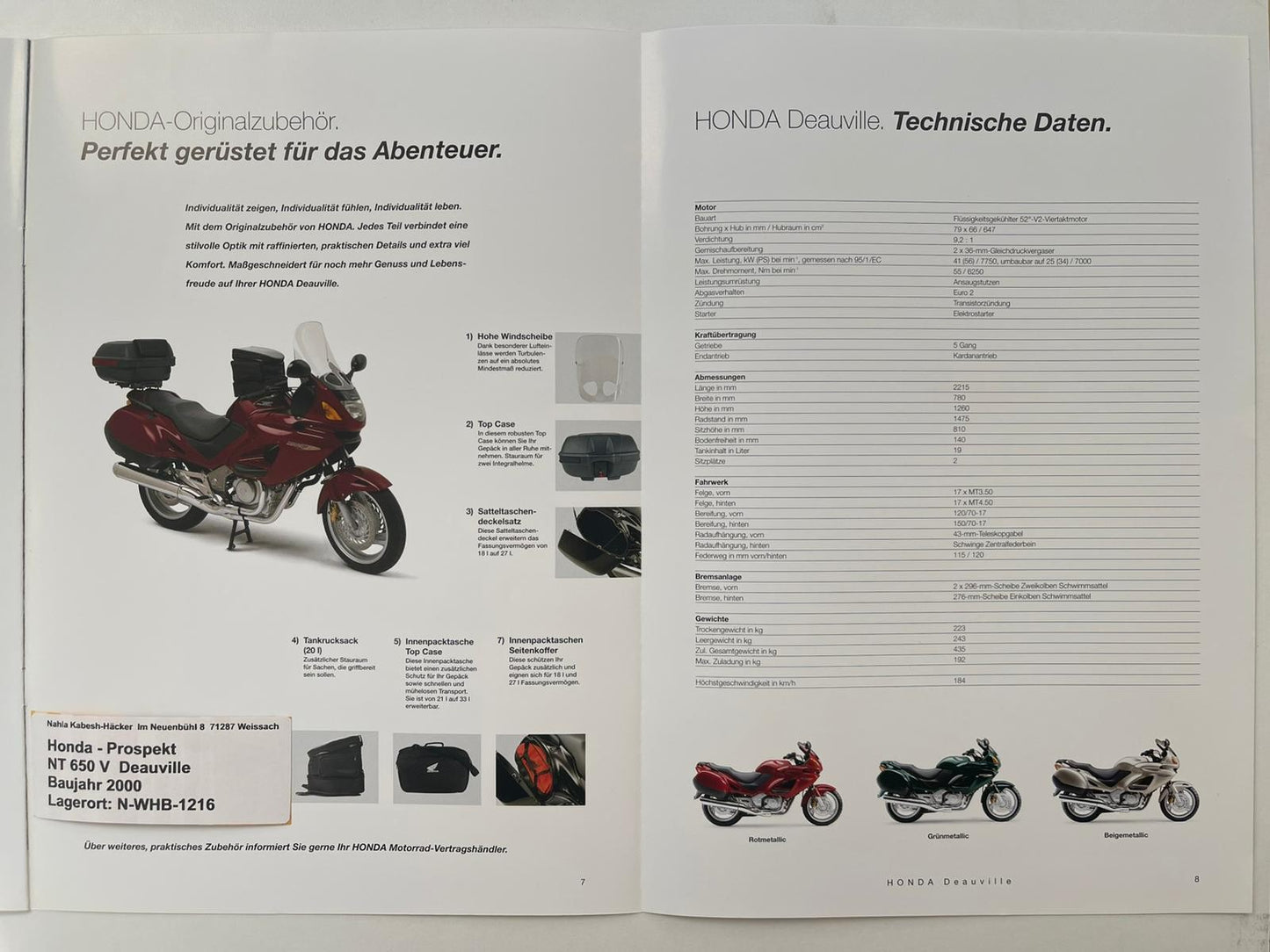 Prospekt Honda NT650V Deauville Bj. 2001 + Aufkleber