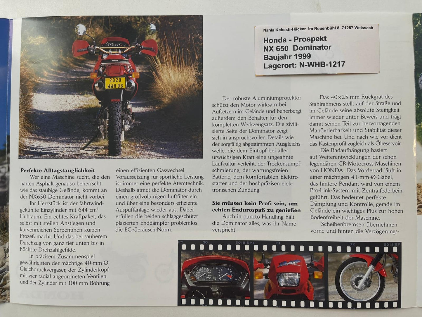 Prospekt Honda NX650 NX 650 Dominator Bj. 1999 + Aufkleber