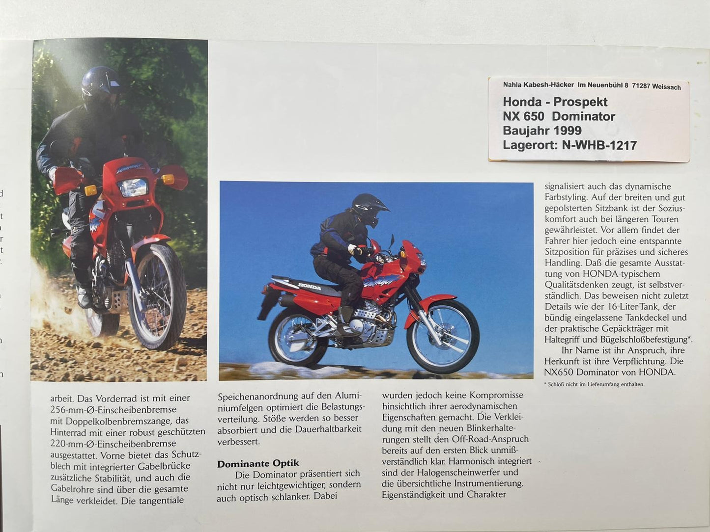 Prospekt Honda NX650 NX 650 Dominator Bj. 1999 + Aufkleber