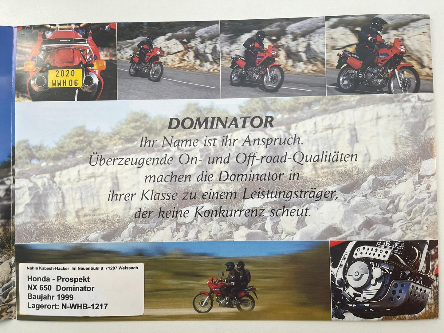 Prospekt Honda NX650 NX 650 Dominator Bj. 1999 + Aufkleber