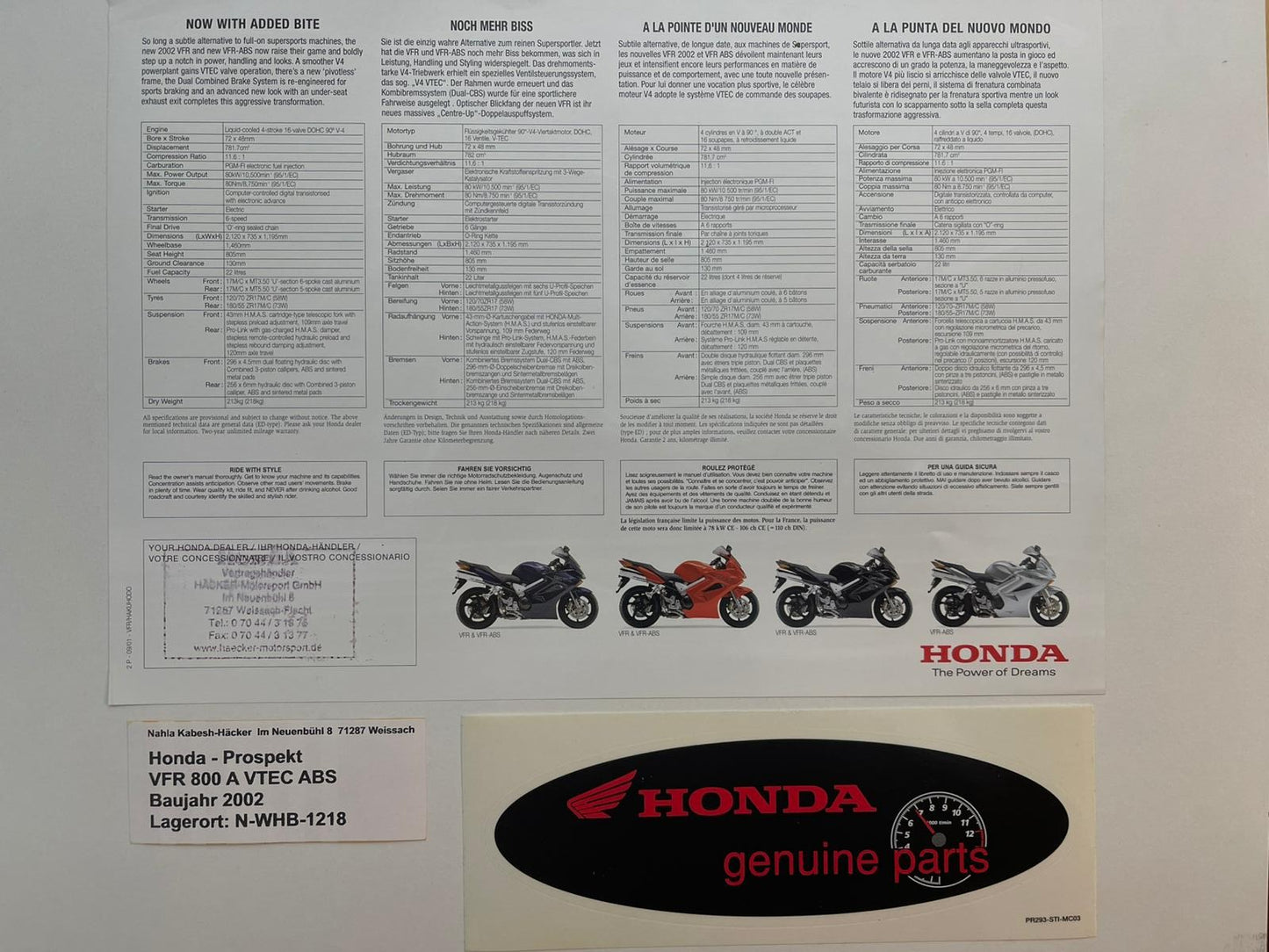 Prospekt Honda VFR800 VFR800A VTEC Bj. 2002 + Aufkleber