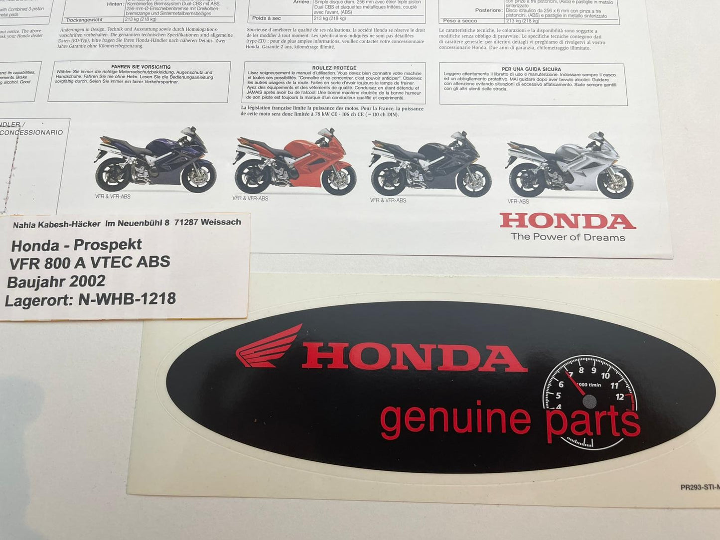 Prospekt Honda VFR800 VFR800A VTEC Bj. 2002 + Aufkleber