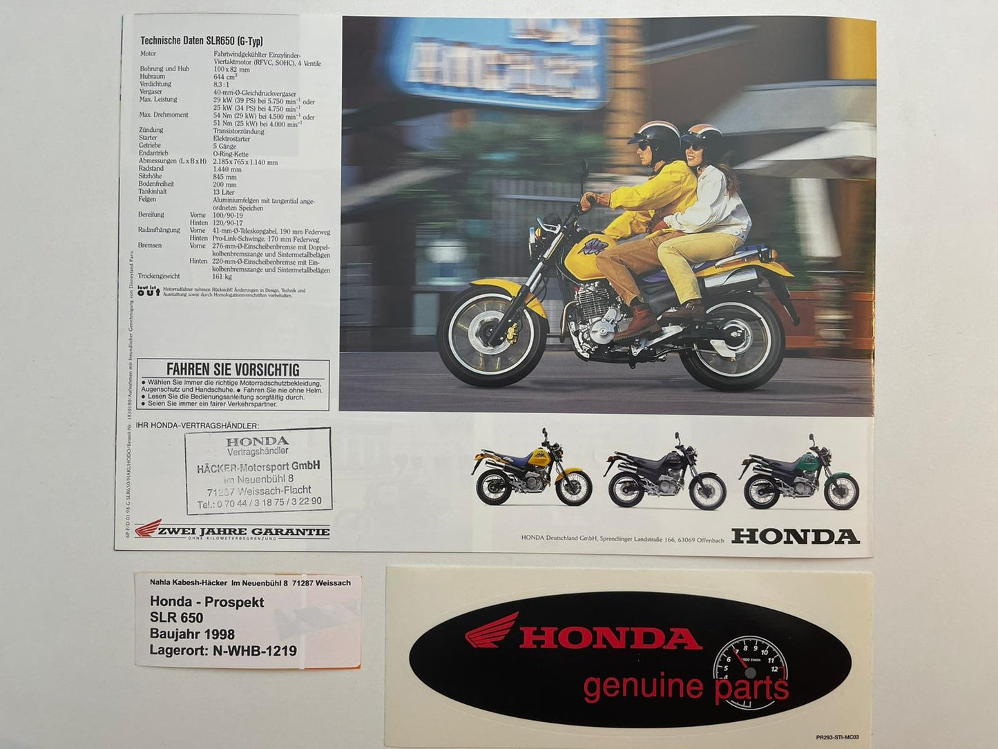 Prospekt Honda SLR650 SLR 650 Bj. 1998 + Aufkleber