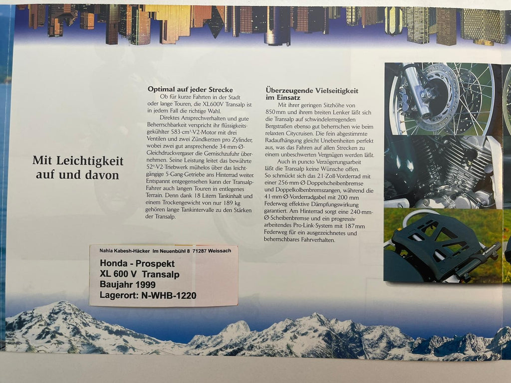 Prospekt Honda XL600V Transalp Bj. 1999 + Aufkleber