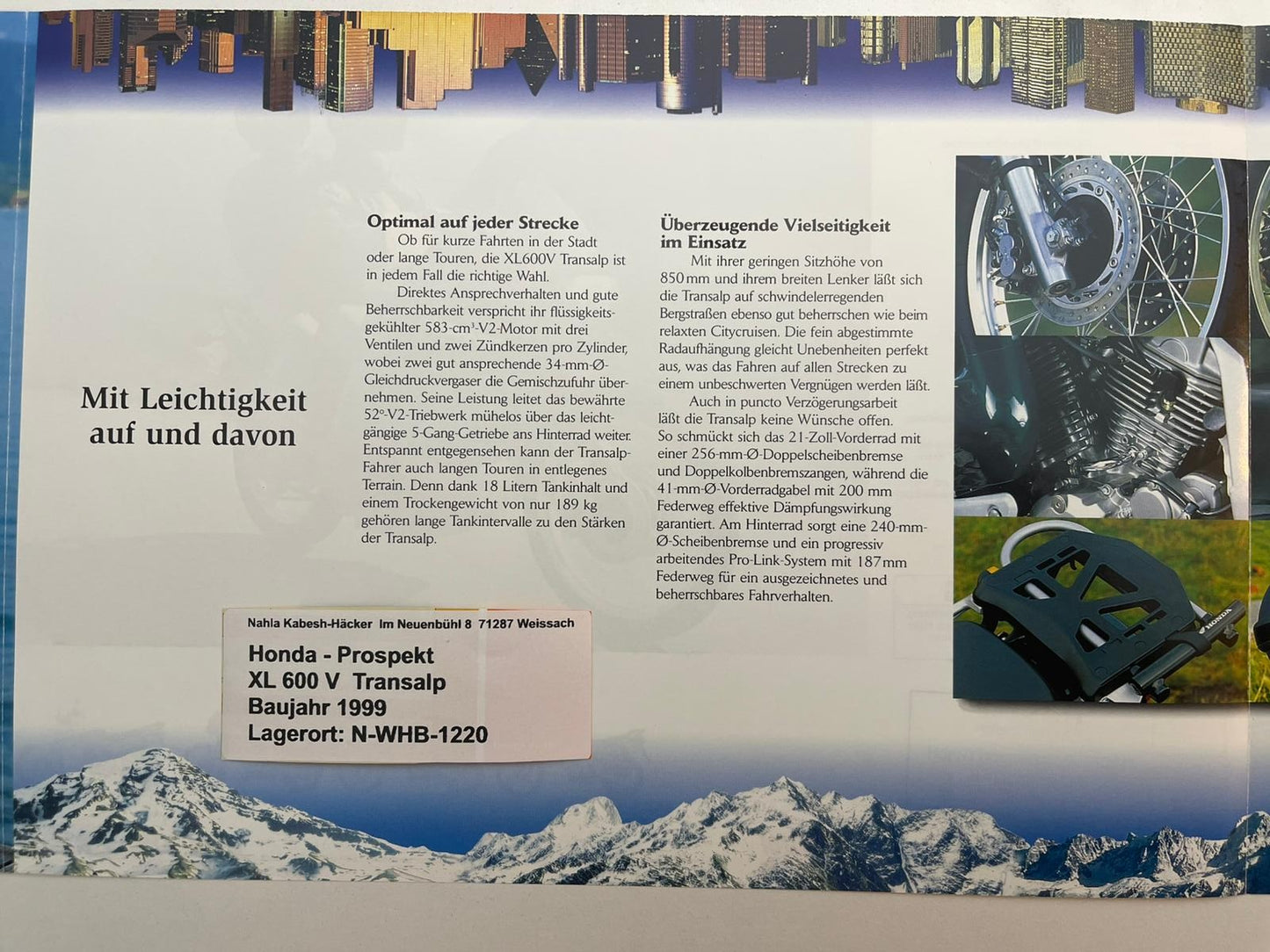 Prospekt Honda XL600V Transalp Bj. 1999 + Aufkleber